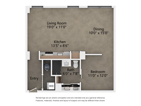 Floor plan for 1 bed, 1 bath, 1235 sqft